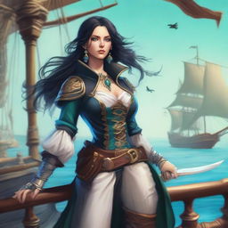 A female human cleric of Umberlee depicted as a pirate captain