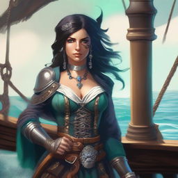 A female human cleric of Umberlee depicted as a pirate captain