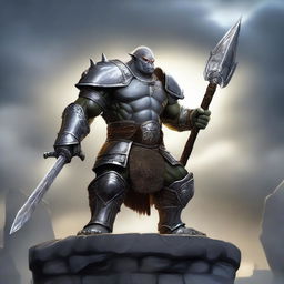 A powerful orc paladin clad in gleaming silver armor, holding a silver spear, stands valiantly on a stone wall