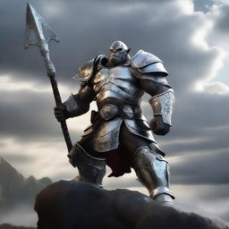 A powerful orc paladin clad in gleaming silver armor, holding a silver spear, stands valiantly on a stone wall