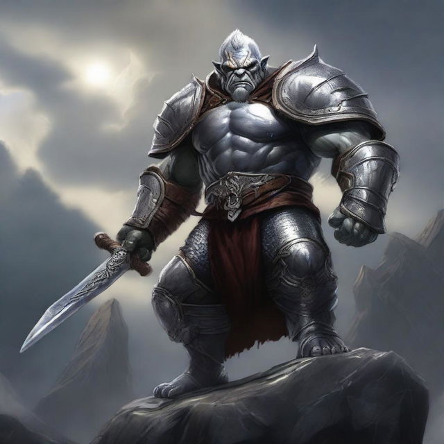 A powerful orc paladin clad in gleaming silver armor, holding a silver spear, stands valiantly on a stone wall