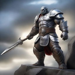 A powerful orc paladin clad in gleaming silver armor, holding a silver spear, stands valiantly on a stone wall