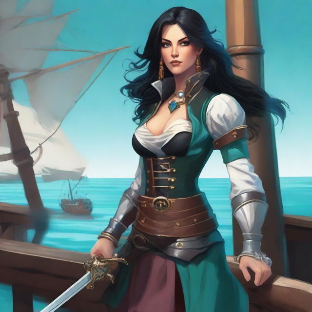 A female human cleric of Umberlee depicted as a pirate captain