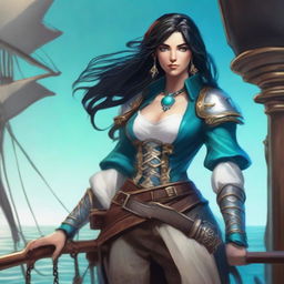 A female human cleric of Umberlee depicted as a pirate captain