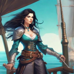 A female human cleric of Umberlee depicted as a pirate captain