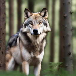 A raw photograph of a majestic wolf standing in a forest, with its piercing eyes looking directly at the camera