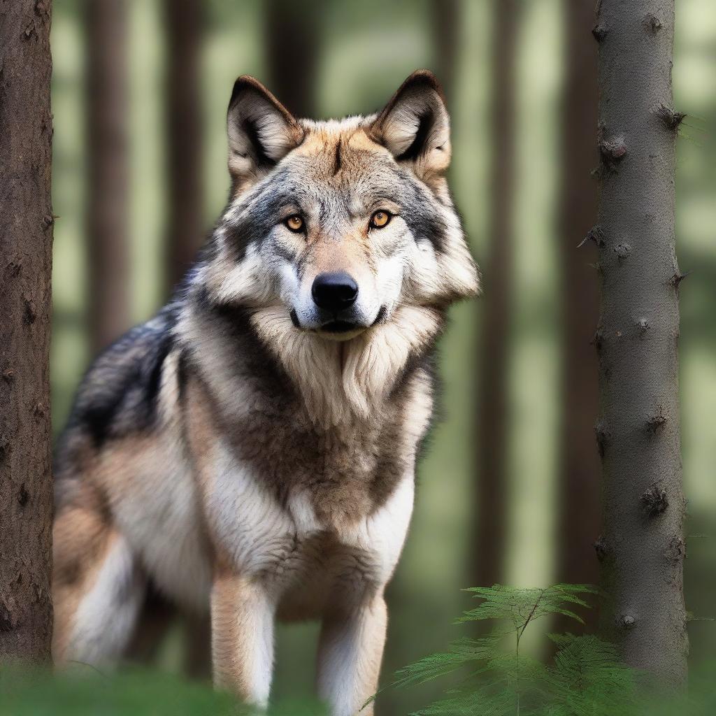 A raw photograph of a majestic wolf standing in a forest, with its piercing eyes looking directly at the camera