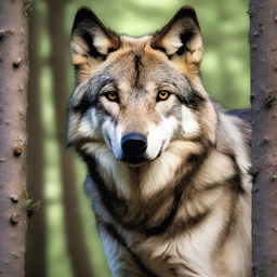 A raw photograph of a majestic wolf standing in a forest, with its piercing eyes looking directly at the camera