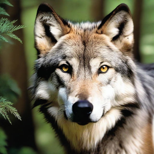 A raw photograph of a majestic wolf standing in a forest, with its piercing eyes looking directly at the camera