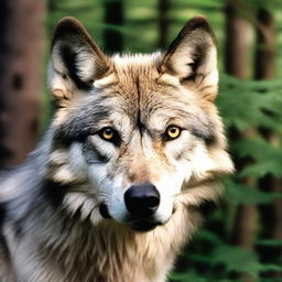 A raw photograph of a majestic wolf standing in a forest, with its piercing eyes looking directly at the camera