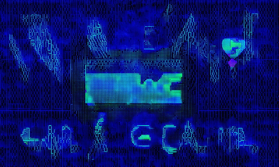 Pixel art loading screen with 'Loading...' text in neon green on a star-speckled midnight blue background. An hourglass icon and intricate border patterns in electric blue and silver adorn the scene.