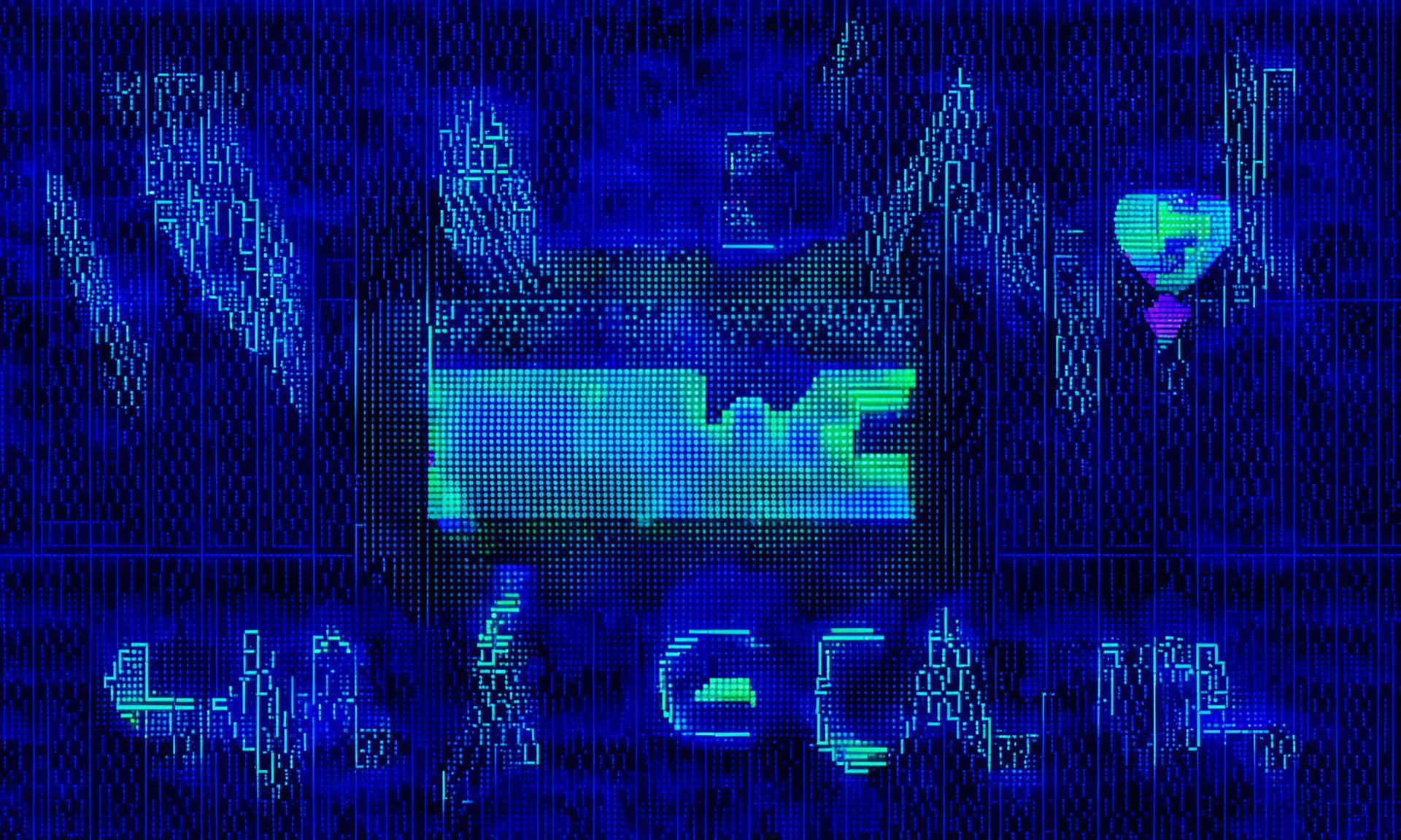 Pixel art loading screen with 'Loading...' text in neon green on a star-speckled midnight blue background. An hourglass icon and intricate border patterns in electric blue and silver adorn the scene.