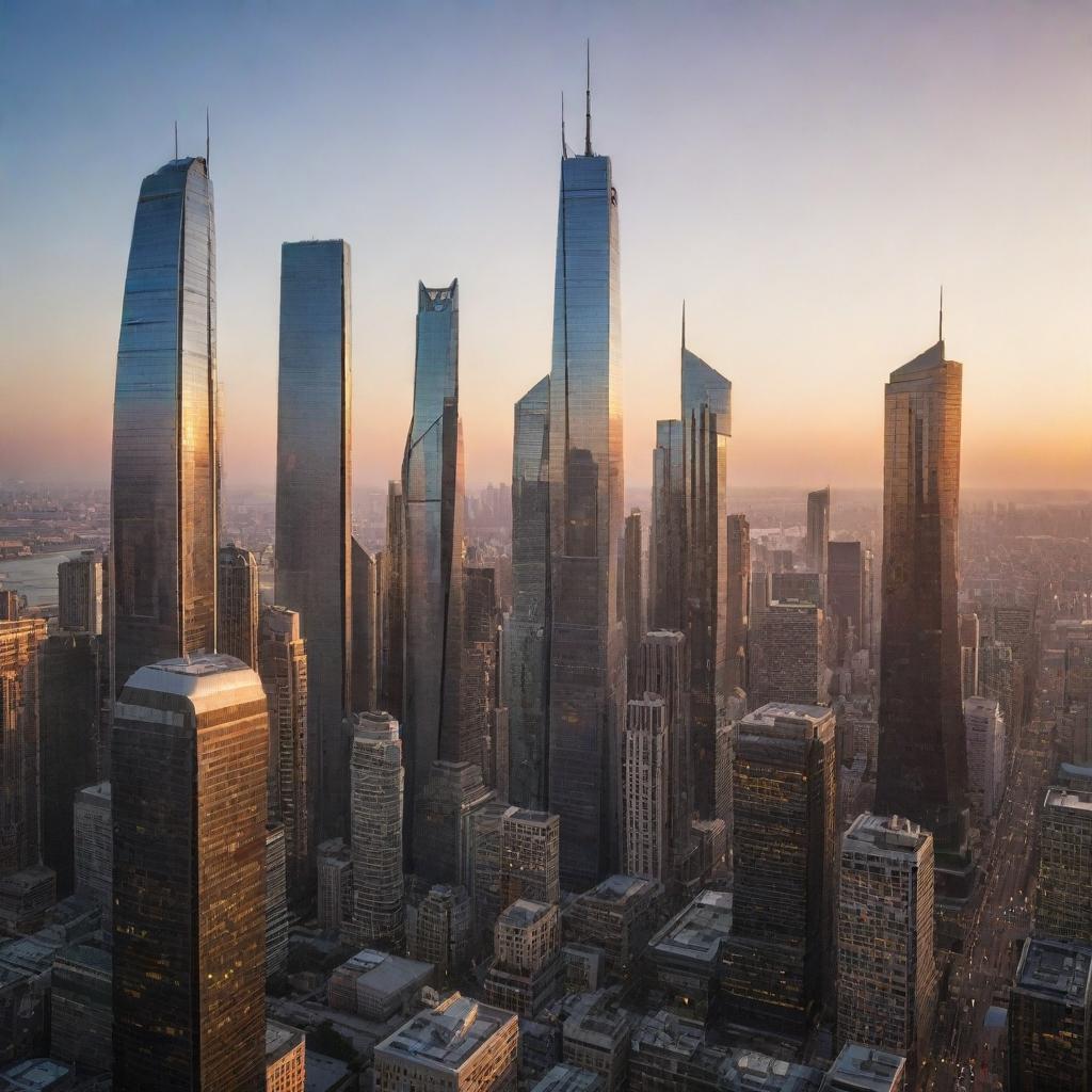 A whimsical cityscape at sunset, with the last rays of sun glistening off futuristic skyscrapers.