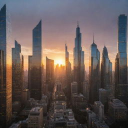 A whimsical cityscape at sunset, with the last rays of sun glistening off futuristic skyscrapers.