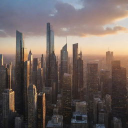 A whimsical cityscape at sunset, with the last rays of sun glistening off futuristic skyscrapers.