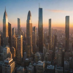 A whimsical cityscape at sunset, with the last rays of sun glistening off futuristic skyscrapers.