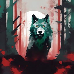 A Jade colored dystopian image with a grey wolf symbol and splattered blood