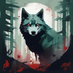 A Jade colored dystopian image with a grey wolf symbol and splattered blood