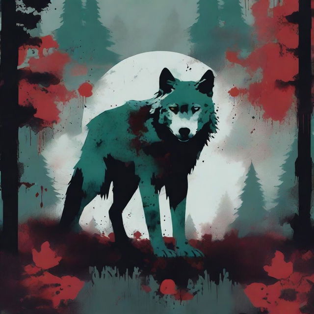 A Jade colored dystopian image with a grey wolf symbol and splattered blood