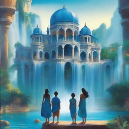 A captivating book cover featuring a majestic blue palace surrounded by cascading waterfalls