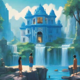 A captivating book cover featuring a majestic blue palace surrounded by cascading waterfalls