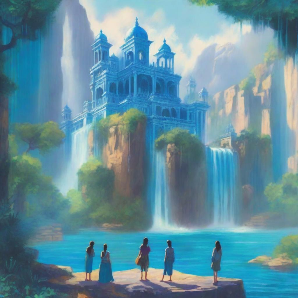 A captivating book cover featuring a majestic blue palace surrounded by cascading waterfalls