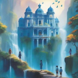 A captivating book cover featuring a majestic blue palace surrounded by cascading waterfalls