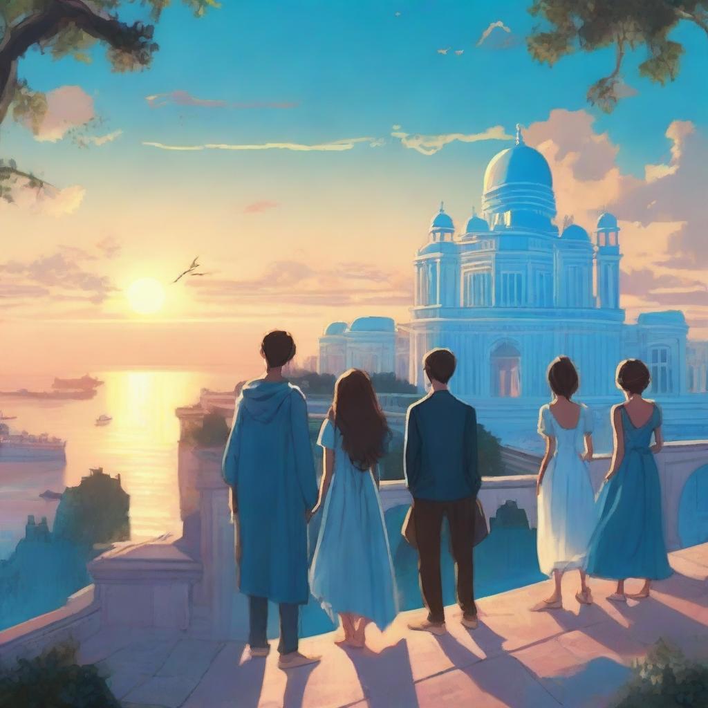 An enchanting scene featuring a blue palace overlooking a bustling city by the sea during the evening