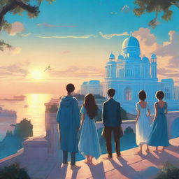 An enchanting scene featuring a blue palace overlooking a bustling city by the sea during the evening