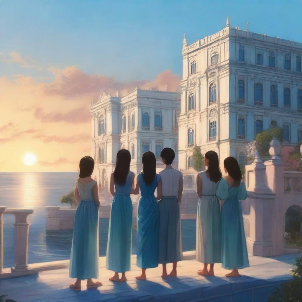 A realistic scene featuring a blue palace overlooking a bustling city by the sea during the evening