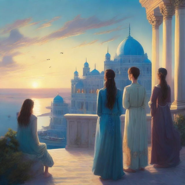 A realistic scene featuring a blue palace overlooking a bustling city by the sea during the evening