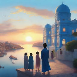 A realistic scene featuring a blue palace overlooking a bustling city by the sea during the evening