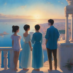 A realistic scene featuring a blue palace overlooking a bustling city by the sea during the evening