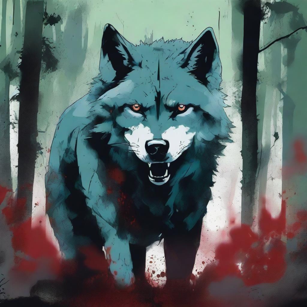 A Jade colored dystopian image featuring an angry blind grey wolf with splattered blood