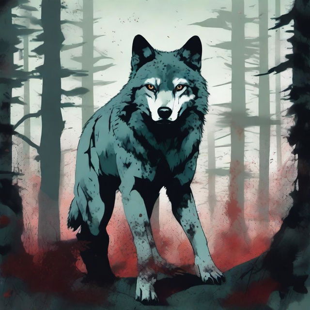 A Jade colored dystopian image featuring an angry blind grey wolf with splattered blood