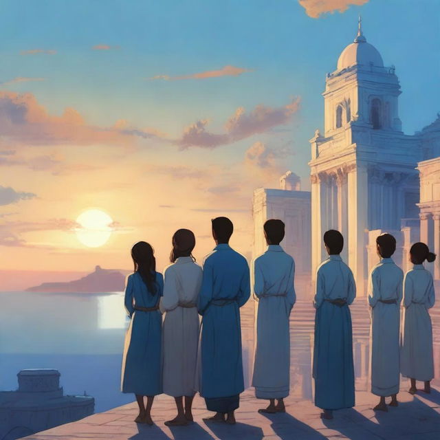 A realistic scene featuring a blue palace overlooking a bustling city by the sea during the evening