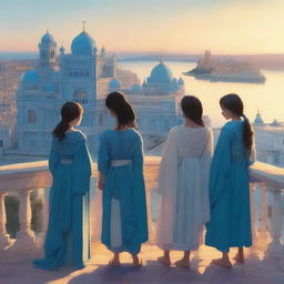 A realistic scene featuring a blue palace overlooking a bustling city by the sea during the evening