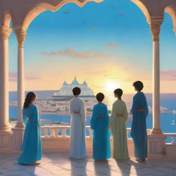 A realistic scene featuring a blue palace overlooking a bustling city by the sea during the evening