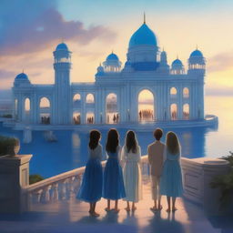 A realistic scene featuring a blue palace overlooking a bustling city by the sea during the evening