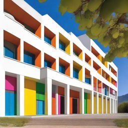 Create a vibrant, modern, and dynamic image of the Francisco Ayala Secondary School building in Granada, Spain