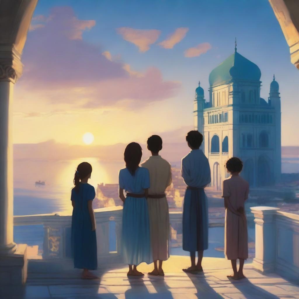 A realistic scene featuring a blue palace overlooking a bustling city by the sea during the evening