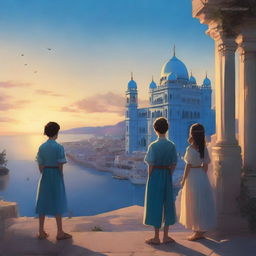 A realistic scene featuring a blue palace overlooking a bustling city by the sea during the evening