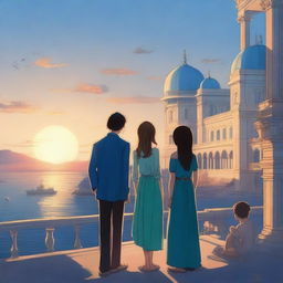 A realistic scene featuring a blue palace overlooking a bustling city by the sea during the evening