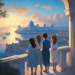 A realistic scene featuring a blue palace overlooking a bustling city by the sea during the evening