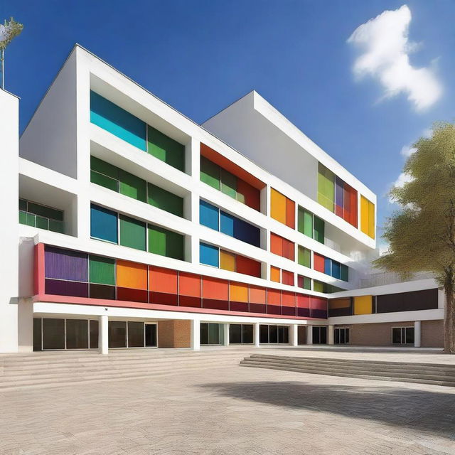 Create a vibrant, modern, and dynamic image of the Francisco Ayala Secondary School building in Granada, Spain