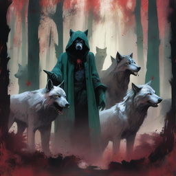 A Jade colored dystopian image featuring an angry pack of grey wolves, a grim reaper, and splattered blood