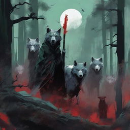 A Jade colored dystopian image featuring an angry pack of grey wolves, a grim reaper, and splattered blood