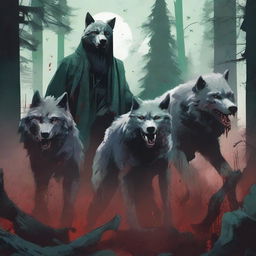 A Jade colored dystopian image featuring an angry pack of grey wolves, a grim reaper, and splattered blood