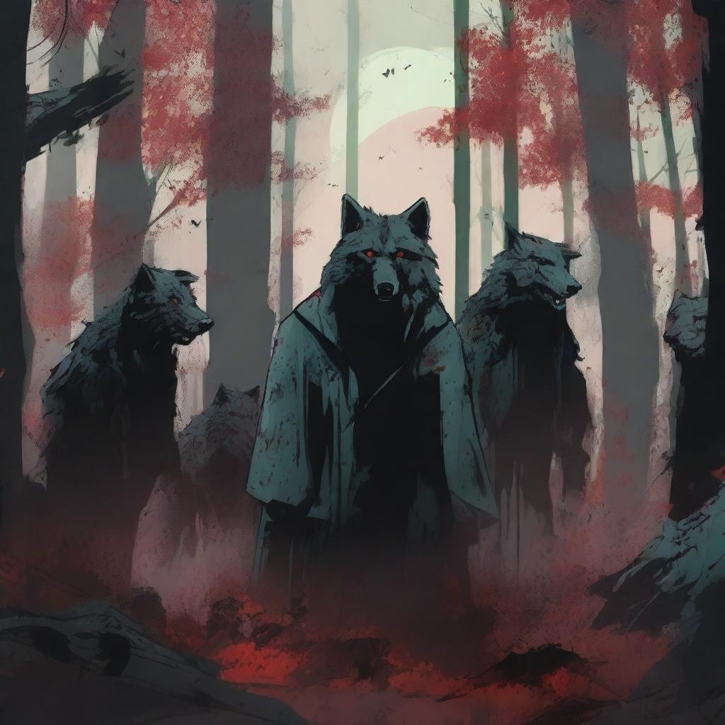 A Jade colored dystopian image featuring an angry pack of grey wolves, a grim reaper, and splattered blood