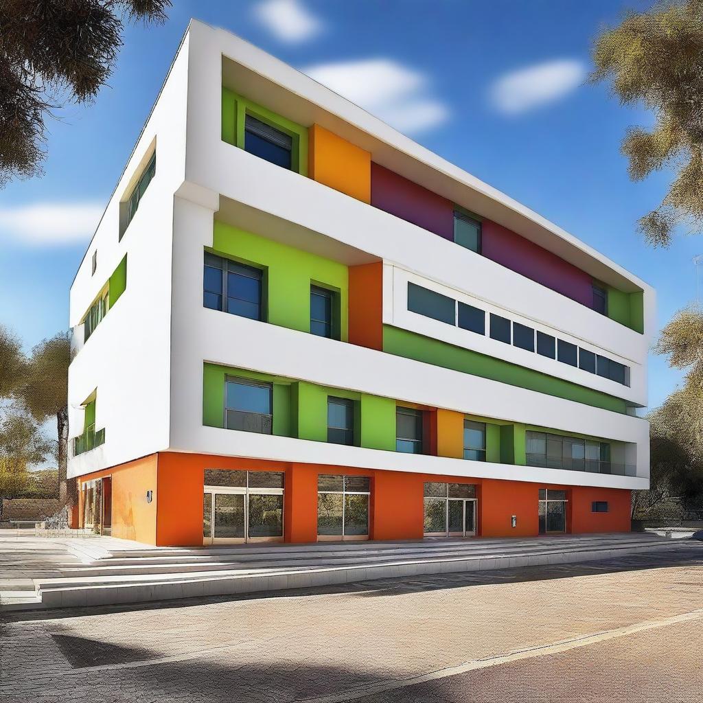 Create a vibrant, modern, and dynamic image of the Francisco Ayala Secondary School building in Granada, Spain